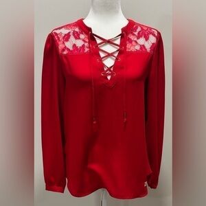 True Religion Lace Panels Lace Up Long Sleeve Red Blouse